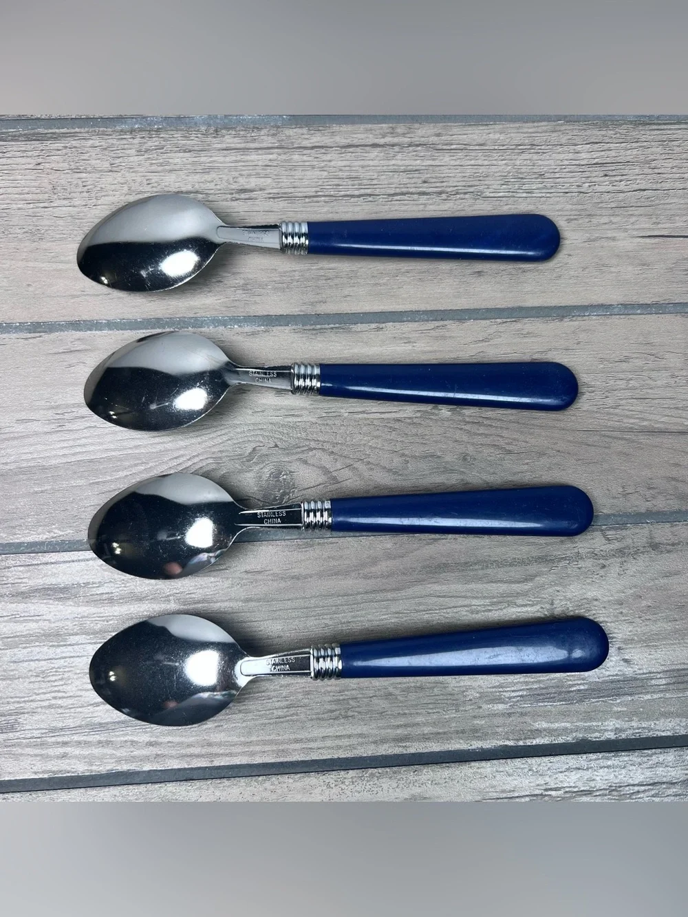 Gibson Vintage Flatware Blue Plastic Handle Tablespoons Soup Spoons Set of 4 Y2K